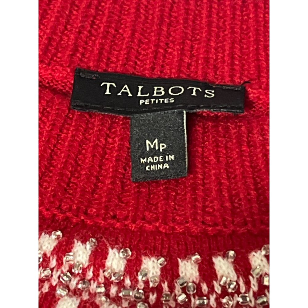 TALBOTS Sweater Beaded Snowflakes Red Lamb's Wool Blend Size Medium Petite - Picture 5 of 12
